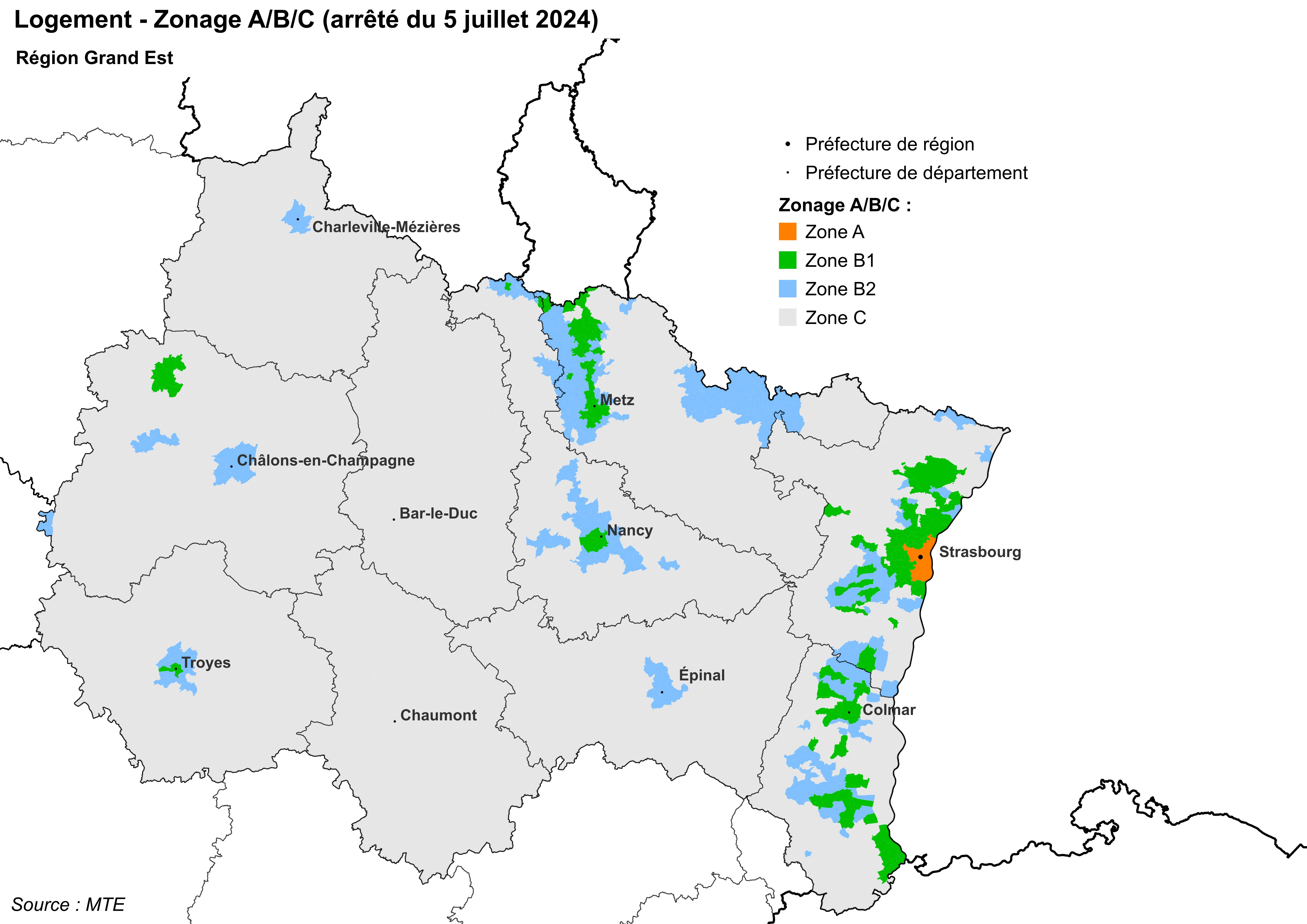 Zonage A/B/C dans la région Grand Est (arrêté du 5 juillet 2024) 
